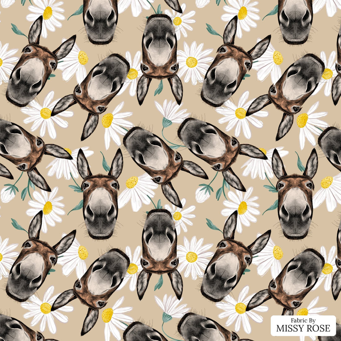 Design 630 Donkey Fabric - flat view of the print, zoom in for detail | Fabric by Missy Rose