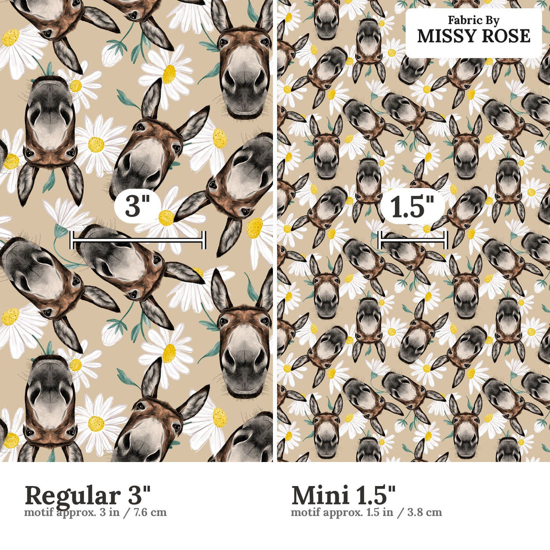 Design 630 Donkey Fabric size comparison - print scale | Fabric by Missy Rose