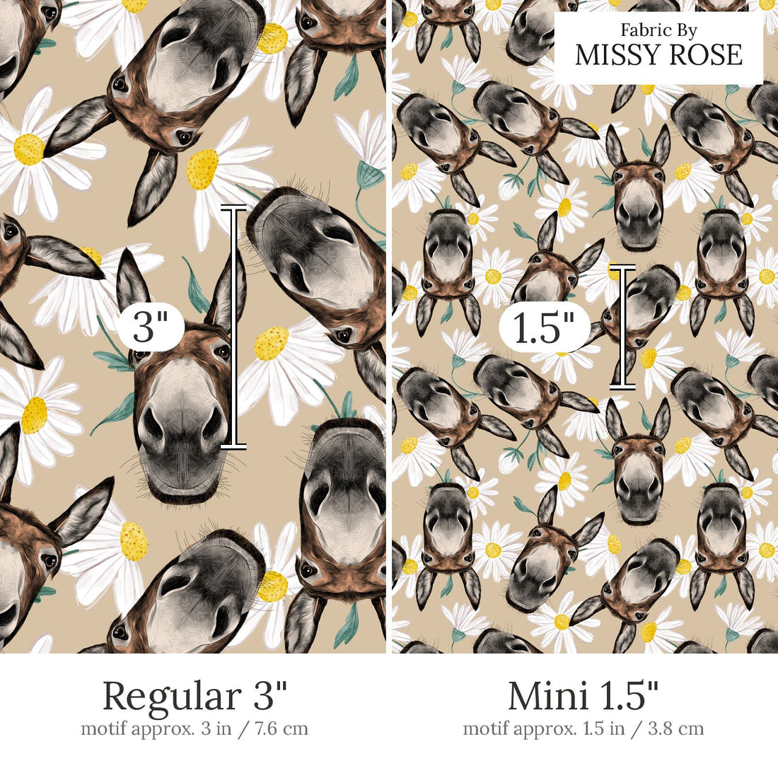 Design 630 Donkey Fabric Regular 3 inch vs Mini 1.5 inch print scale side by side | Fabric by Missy Rose