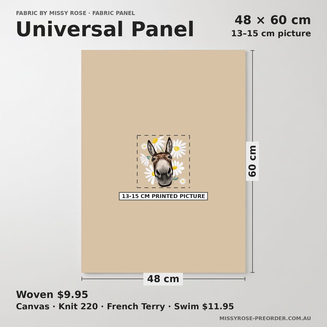 Design 630 Donkey Panel universal panel sizing – 13–15 cm printed picture on 48 × 60 cm fabric | Fabric by Missy Rose