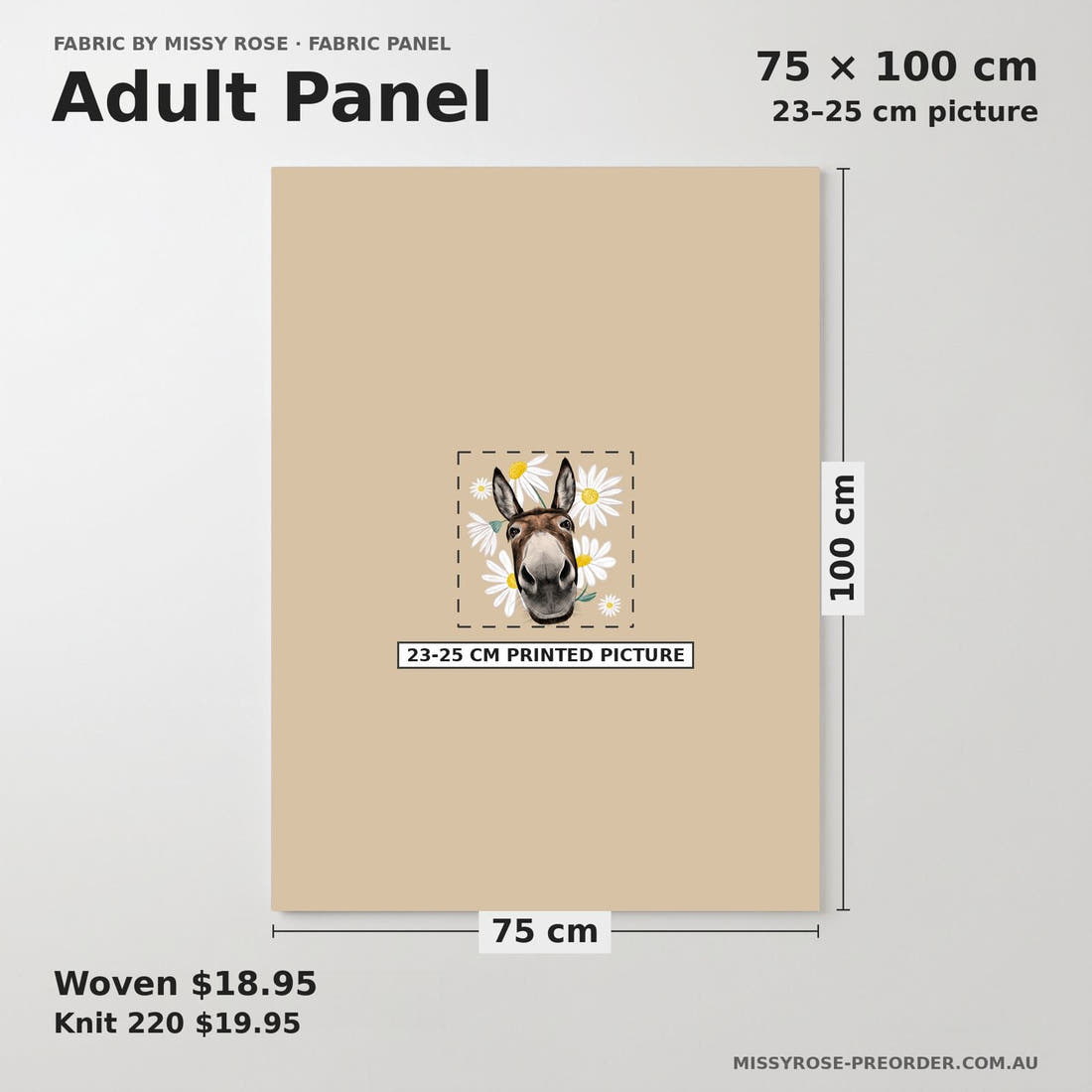Design 630 Donkey Panel adult panel sizing – 23–25 cm printed picture on 75 × 100 cm fabric | Fabric by Missy Rose