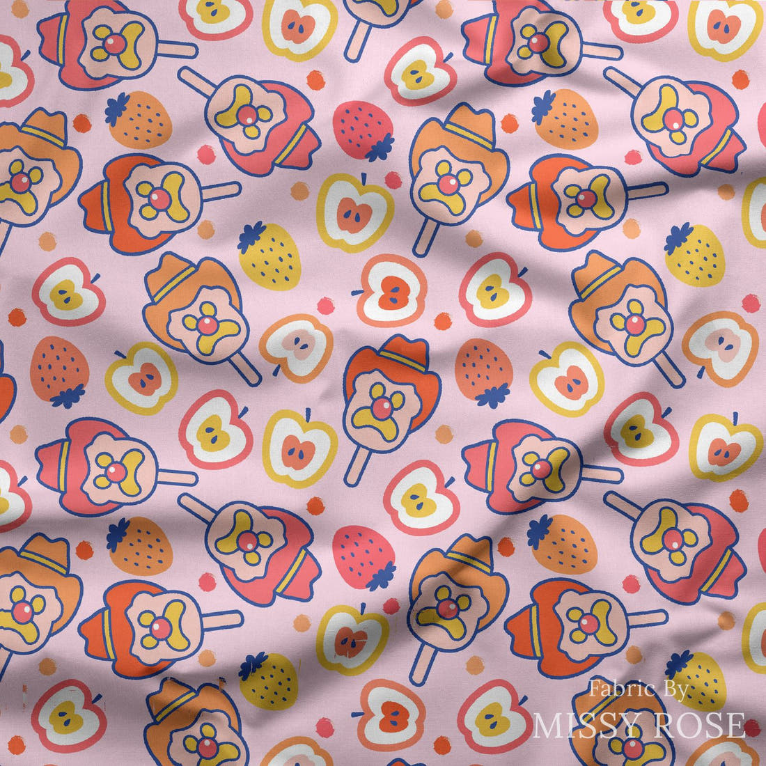Design 631 Fruity Ice Cream Fabric draped fabric mockup – custom printed fabric by the metre | Fabric by Missy Rose
