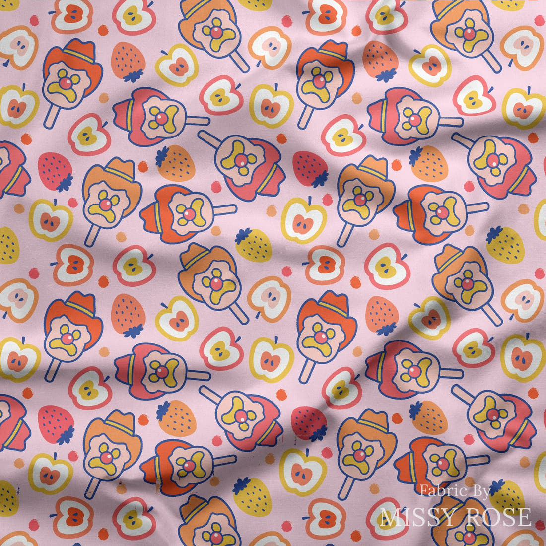 Design 631 Fruity Ice Cream Fabric draped fabric mockup – custom printed fabric by the metre | Fabric by Missy Rose