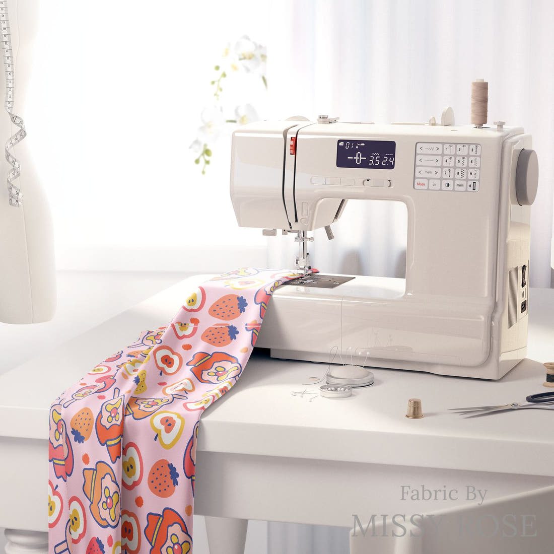Design 631 Fruity Ice Cream Fabric on a sewing machine – premium fabric for sewing projects | Fabric by Missy Rose