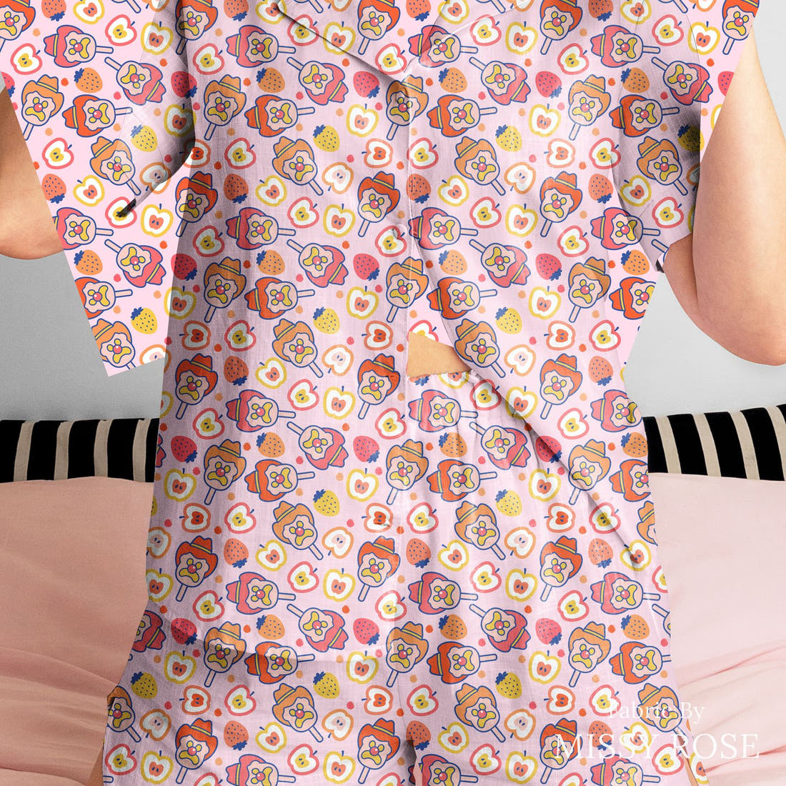 Design 631 Fruity Ice Cream Fabric sewn into a women's pyjama set – see how the print looks made up | Fabric by Missy Rose