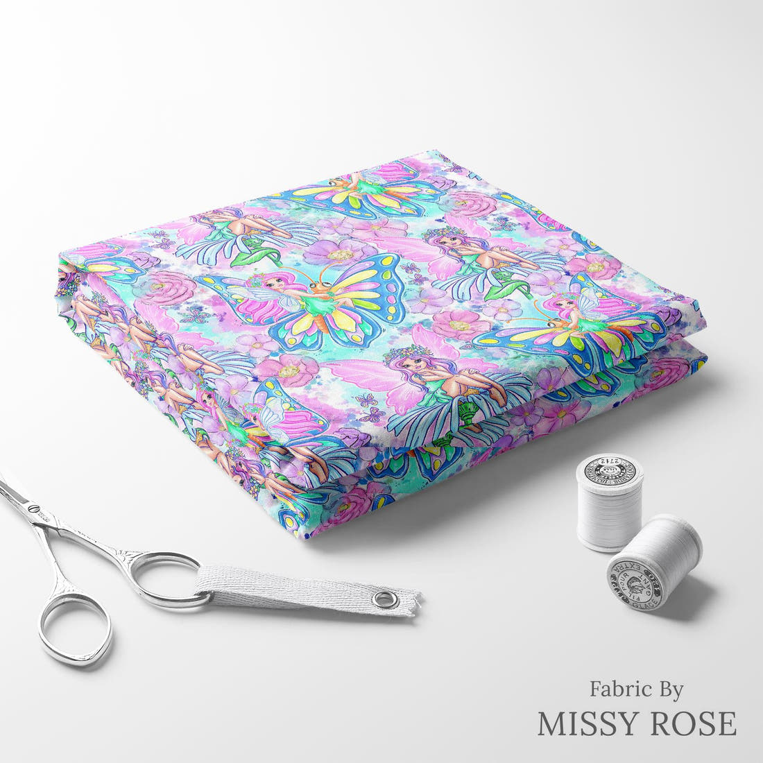 Design 632 Fairy Fabric folded fabric stack with matching thread – pre-order fabric Australia | Fabric by Missy Rose