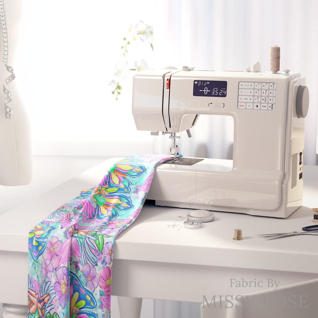 Design 632 Fairy Fabric on a sewing machine – premium fabric for sewing projects | Fabric by Missy Rose