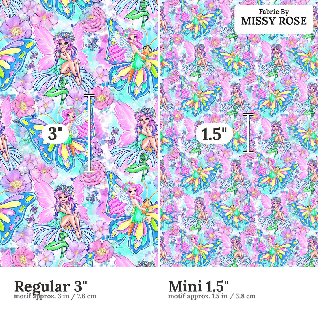 Design 632 Fairy Fabric size comparison - print scale | Fabric by Missy Rose