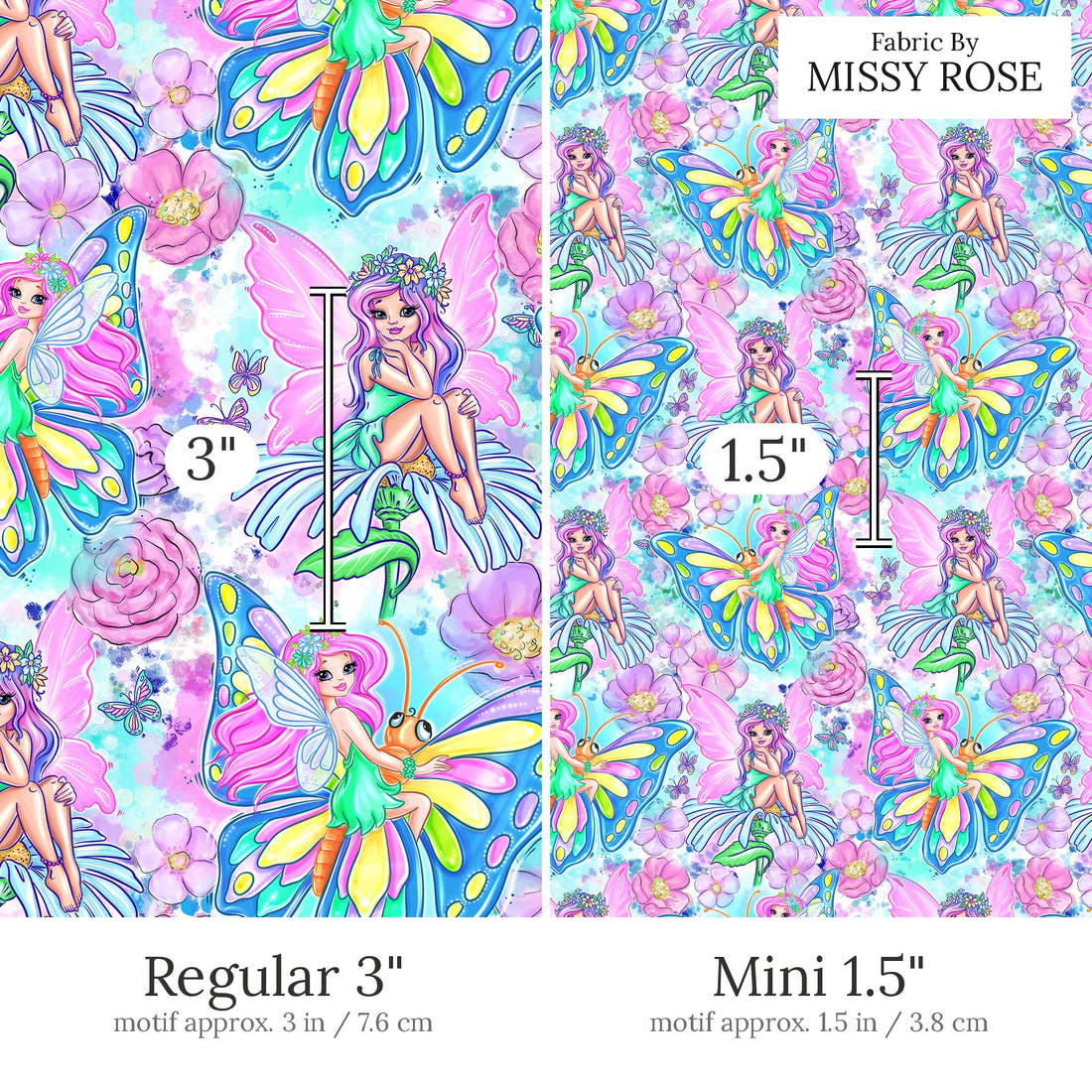Design 632 Fairy Fabric Regular 3 inch vs Mini 1.5 inch print scale side by side | Fabric by Missy Rose