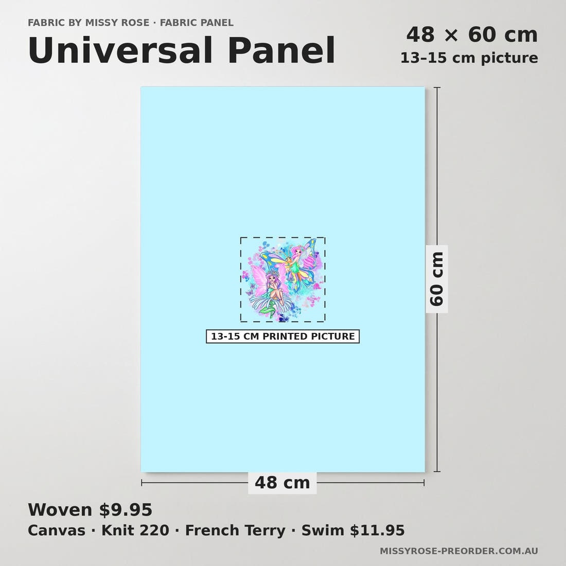 Design 632 Fairy Panel universal panel sizing – 13–15 cm printed picture on 48 × 60 cm fabric | Fabric by Missy Rose