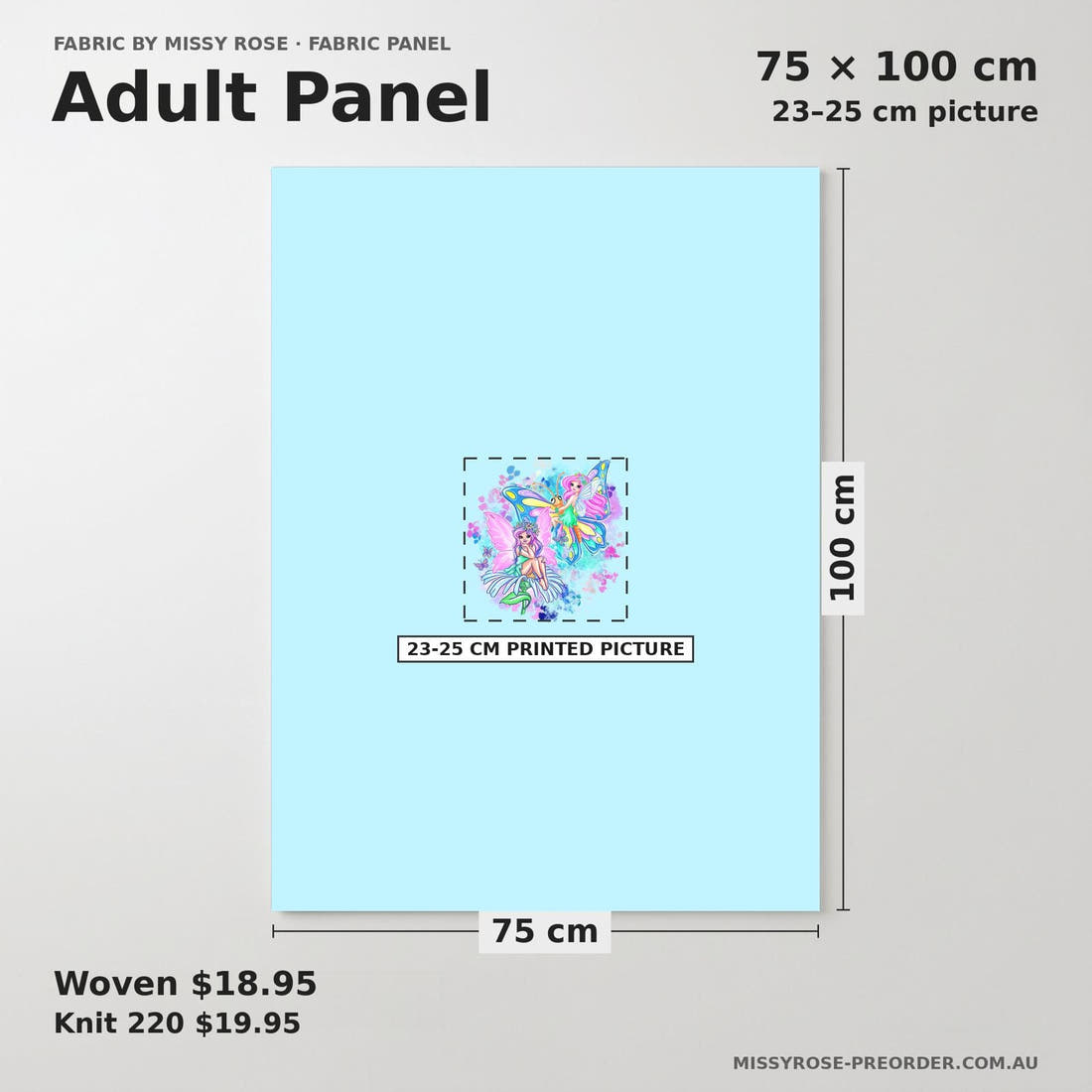 Design 632 Fairy Panel adult panel sizing – 23–25 cm printed picture on 75 × 100 cm fabric | Fabric by Missy Rose