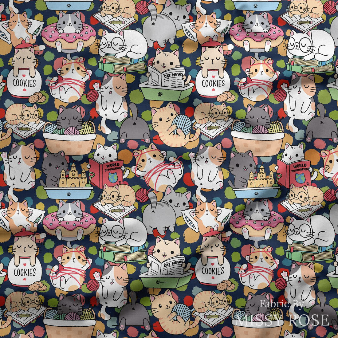 Design 633 Funny Cats Fabric draped fabric mockup – custom printed fabric by the metre | Fabric by Missy Rose