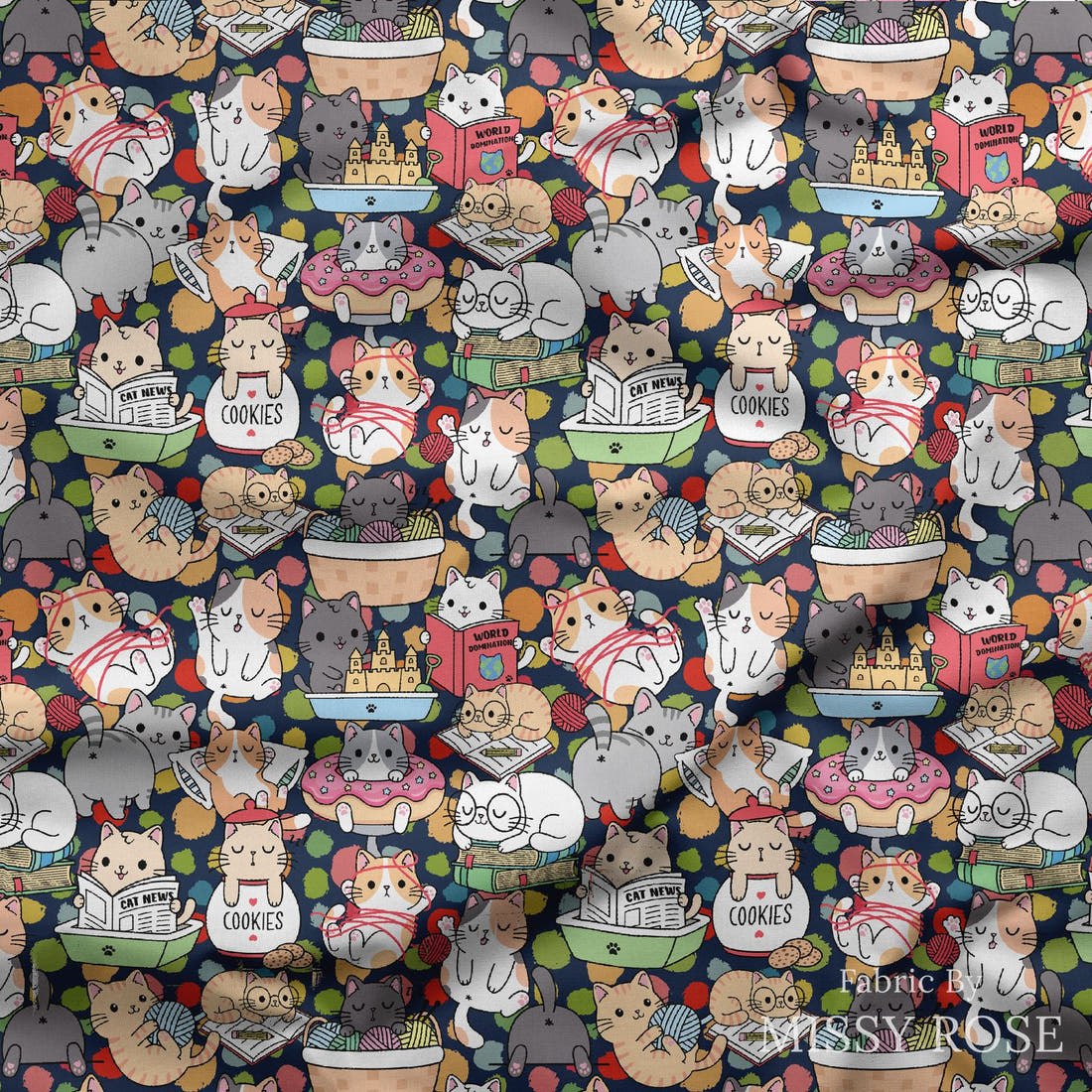 Design 633 Funny Cats Fabric draped fabric mockup – custom printed fabric by the metre | Fabric by Missy Rose