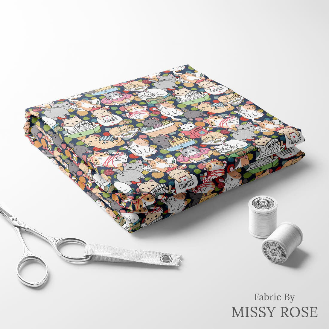 Design 633 Funny Cats Fabric folded fabric stack with matching thread – pre-order fabric Australia | Fabric by Missy Rose
