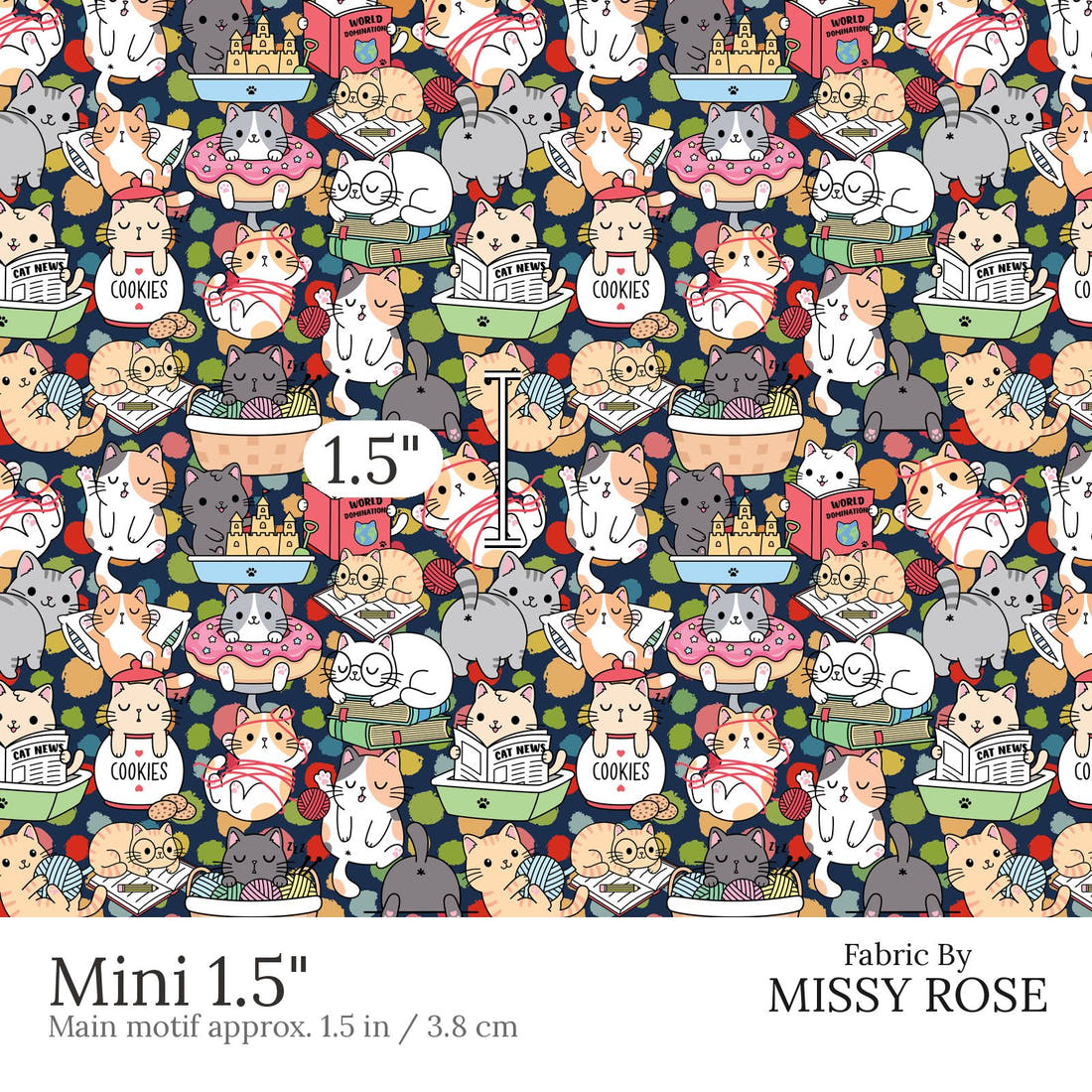 Design 633 Funny Cats Fabric Mini 1.5 inch print scale guide | Fabric by Missy Rose