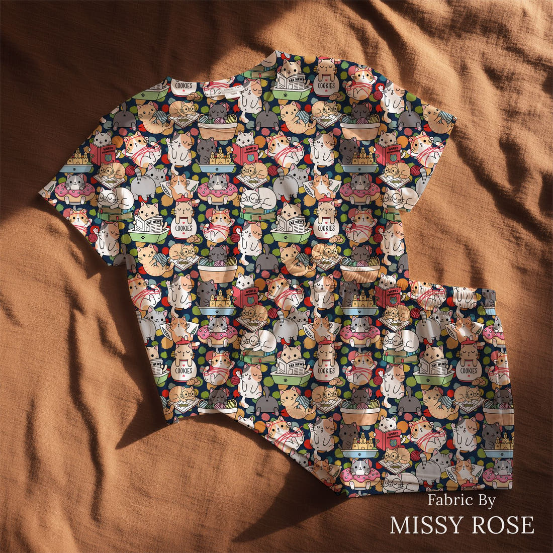 Design 633 Funny Cats Fabric sewn into a lounge set – see how the print looks made up | Fabric by Missy Rose