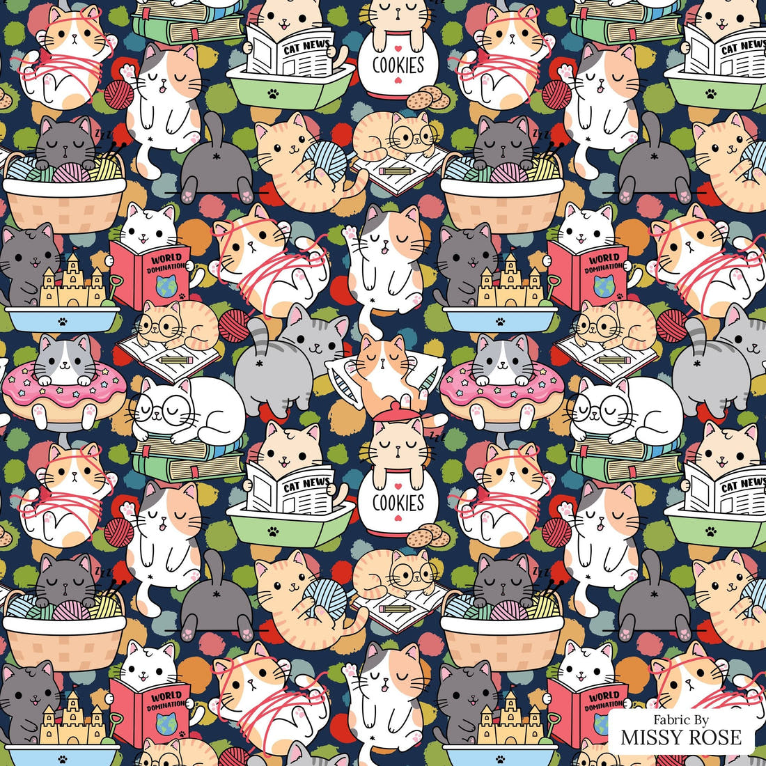 Design 633 Funny Cats Fabric - flat view of the print, zoom in for detail | Fabric by Missy Rose