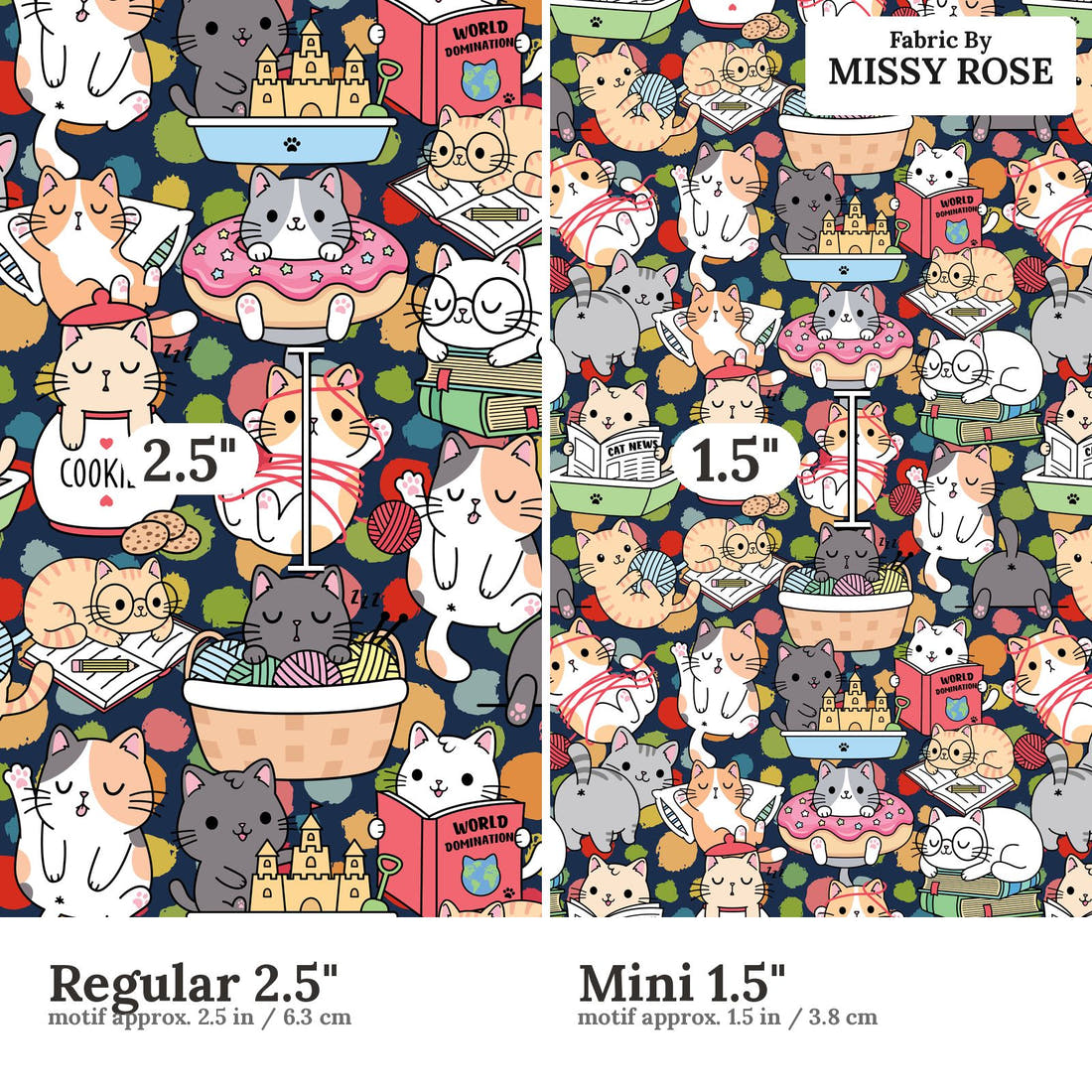 Design 633 Funny Cats Fabric size comparison - print scale | Fabric by Missy Rose