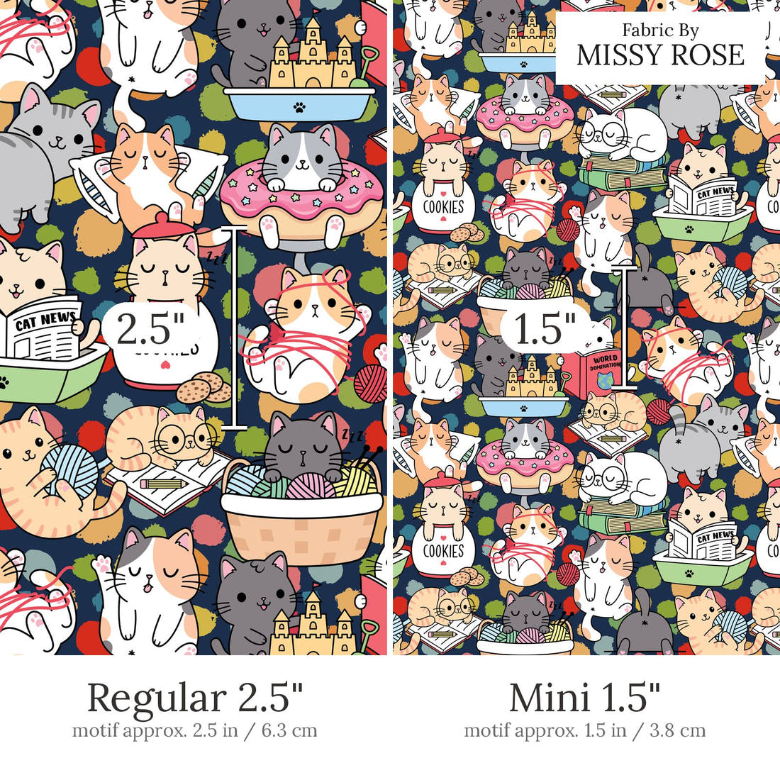 Design 633 Funny Cats Fabric Regular 2.5 inch vs Mini 1.5 inch print scale side by side | Fabric by Missy Rose