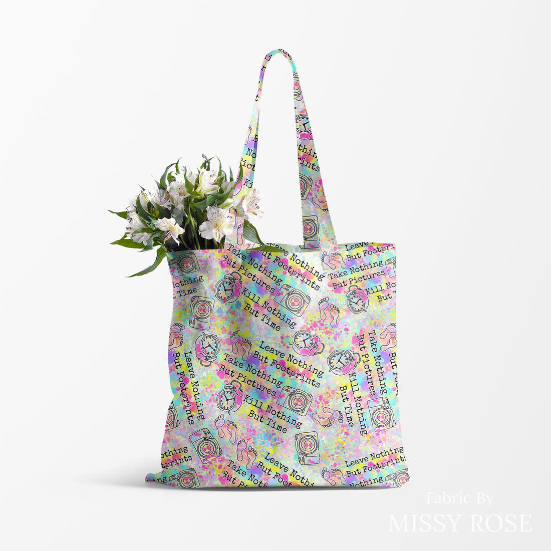 Design 634 Footprints Fabric made up as a tote bag – see how the print looks made up | Fabric by Missy Rose