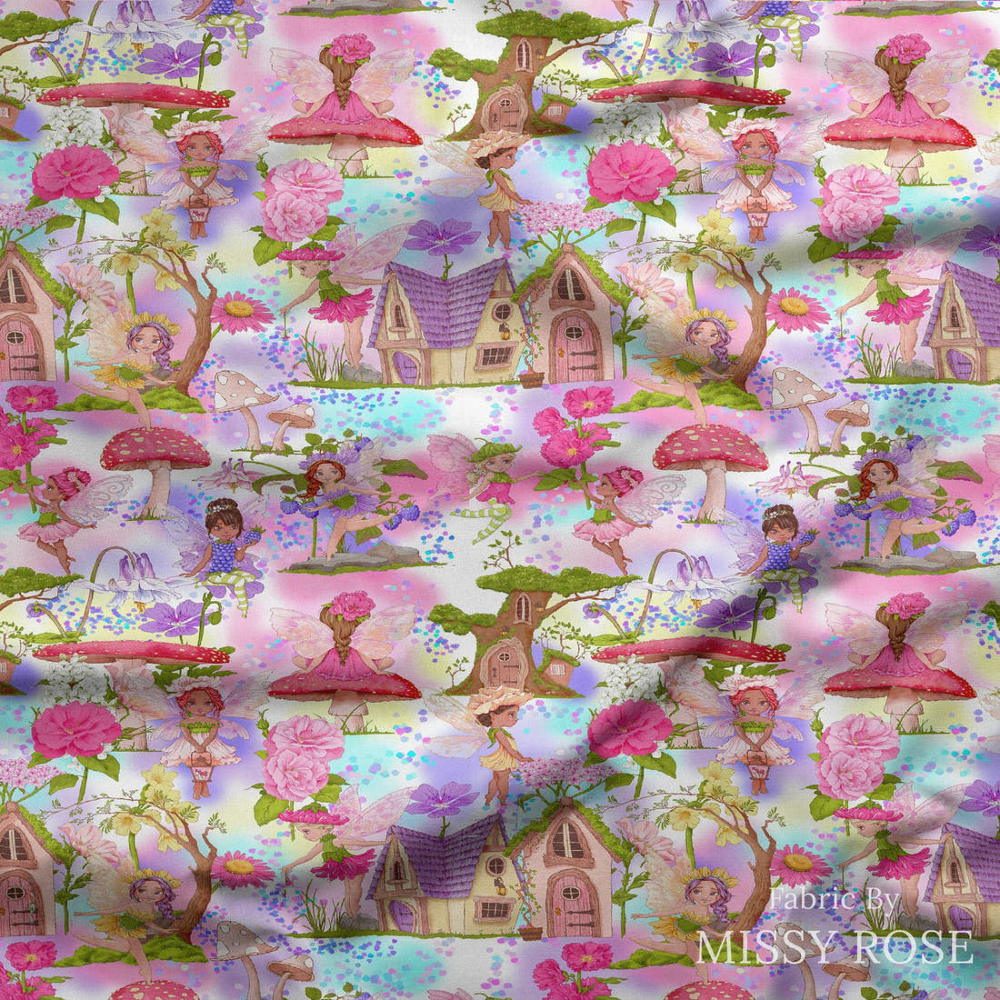 Design 635 Colourful Fairy Fabric draped fabric mockup – custom printed fabric by the metre | Fabric by Missy Rose