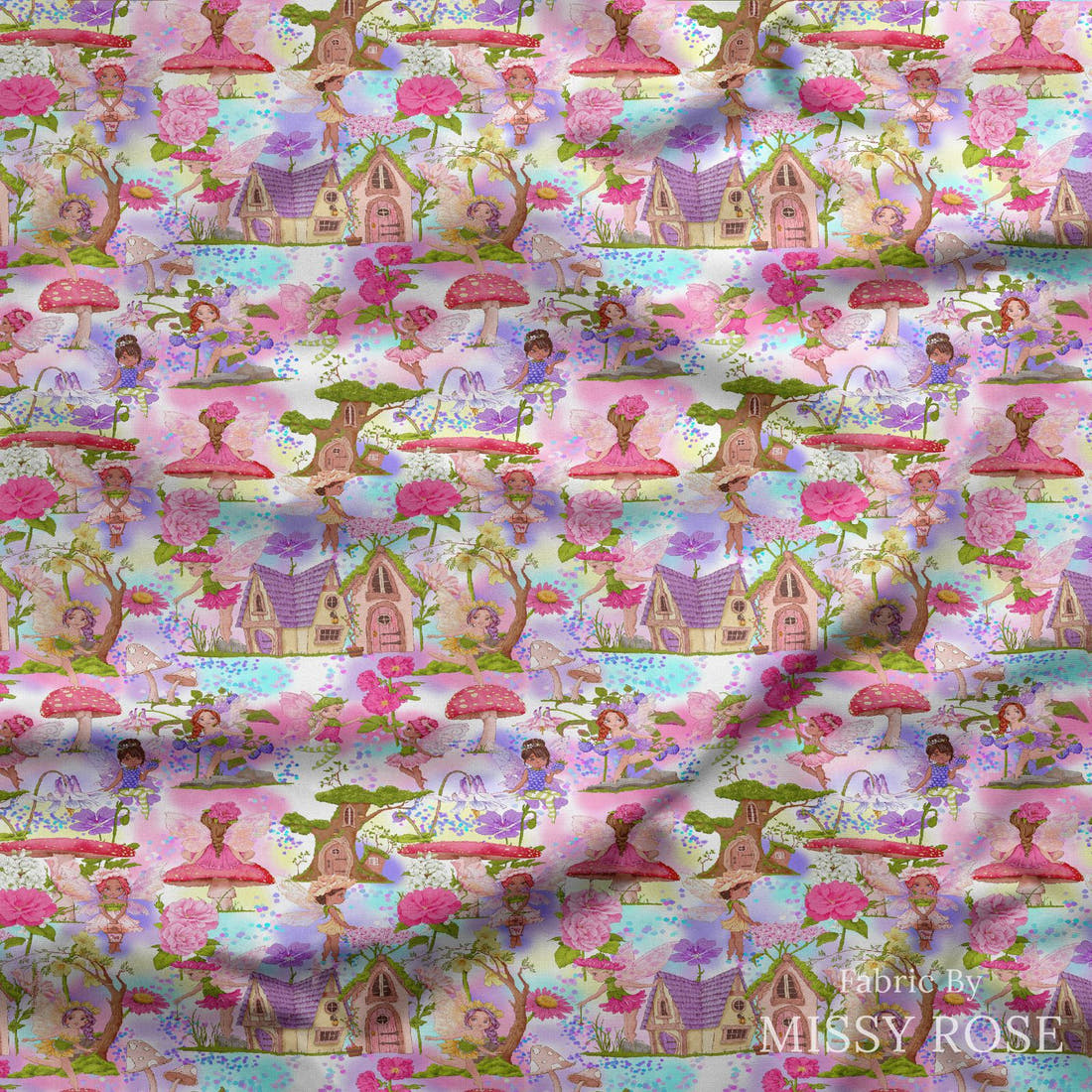 Design 635 Colourful Fairy Fabric draped fabric mockup – custom printed fabric by the metre | Fabric by Missy Rose