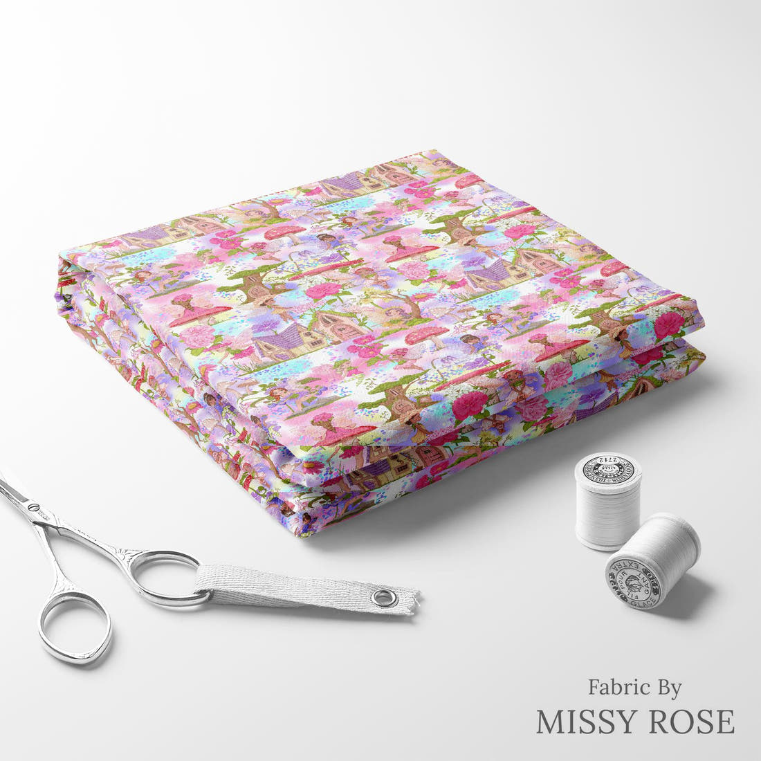 Design 635 Colourful Fairy Fabric folded fabric stack with matching thread – pre-order fabric Australia | Fabric by Missy Rose