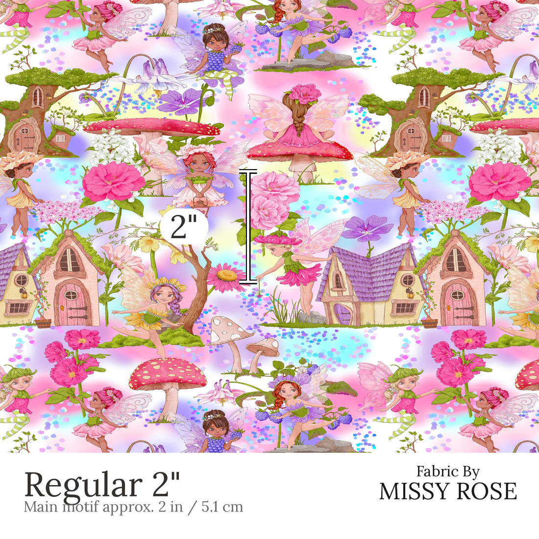 Design 635 Colourful Fairy Fabric Regular 2 inch print scale guide | Fabric by Missy Rose