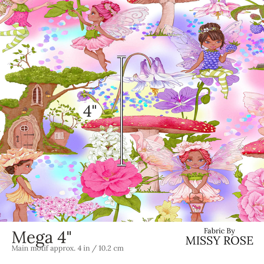 Design 635 Colourful Fairy Fabric Mega 4 inch print scale guide | Fabric by Missy Rose