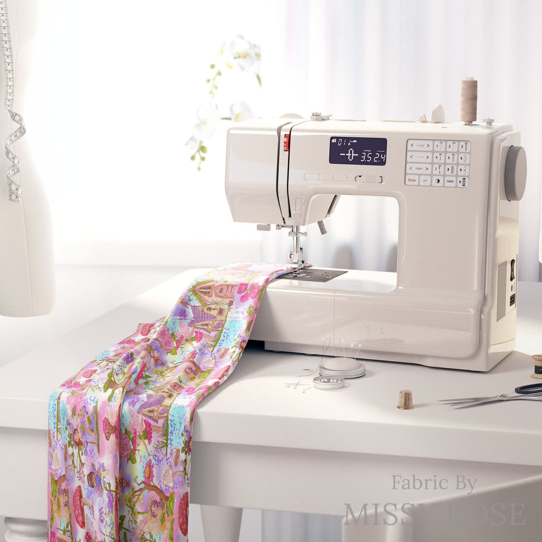 Design 635 Colourful Fairy Fabric on a sewing machine – premium fabric for sewing projects | Fabric by Missy Rose