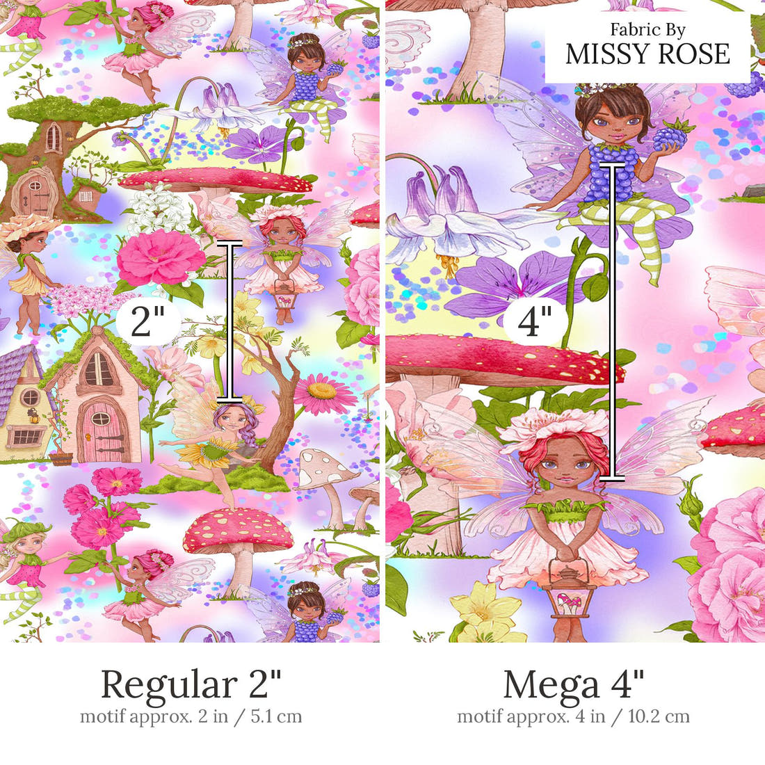 Design 635 Colourful Fairy Fabric Regular 2 inch vs Mega 4 inch print scale side by side | Fabric by Missy Rose