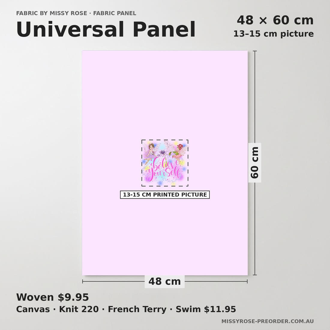 Design 635 Colourful Fairy Panel universal panel sizing – 13–15 cm printed picture on 48 × 60 cm fabric | Fabric by Missy Rose