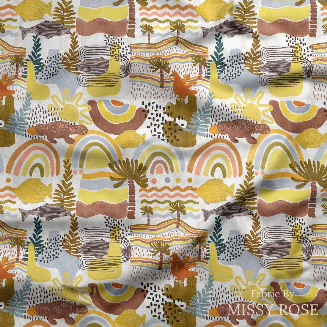 Design 636 Boho Australian Fabric draped fabric mockup – custom printed fabric by the metre | Fabric by Missy Rose