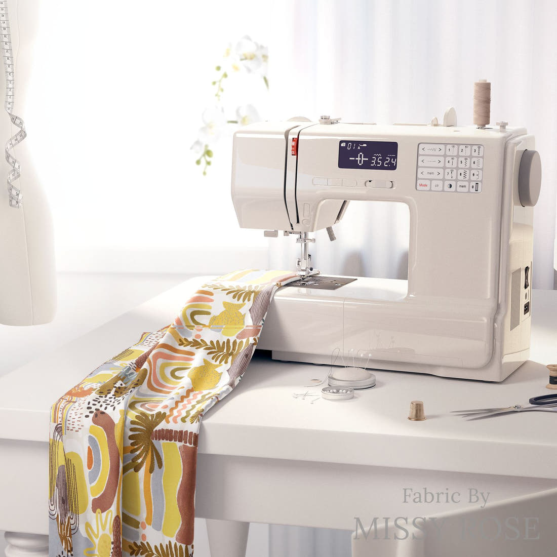 Design 636 Boho Australian Fabric on a sewing machine – premium fabric for sewing projects | Fabric by Missy Rose