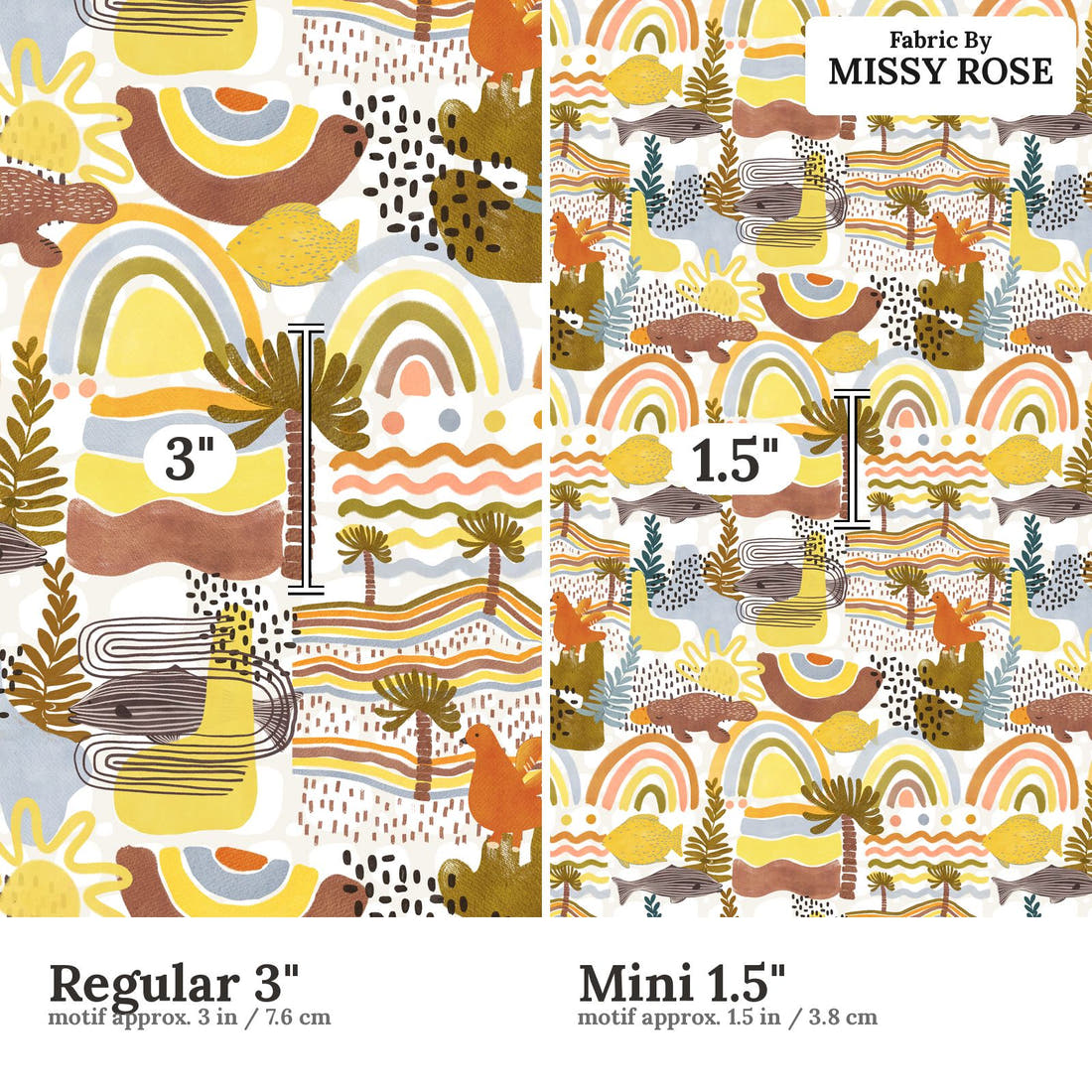 Design 636 Boho Australian Fabric size comparison - print scale | Fabric by Missy Rose
