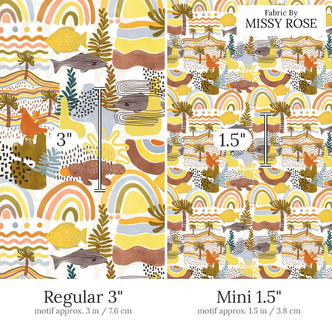 Design 636 Boho Australian Fabric Regular 3 inch vs Mini 1.5 inch print scale side by side | Fabric by Missy Rose