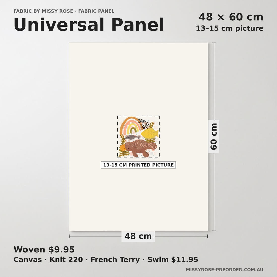Design 636 Boho Australian Panel universal panel sizing – 13–15 cm printed picture on 48 × 60 cm fabric | Fabric by Missy Rose