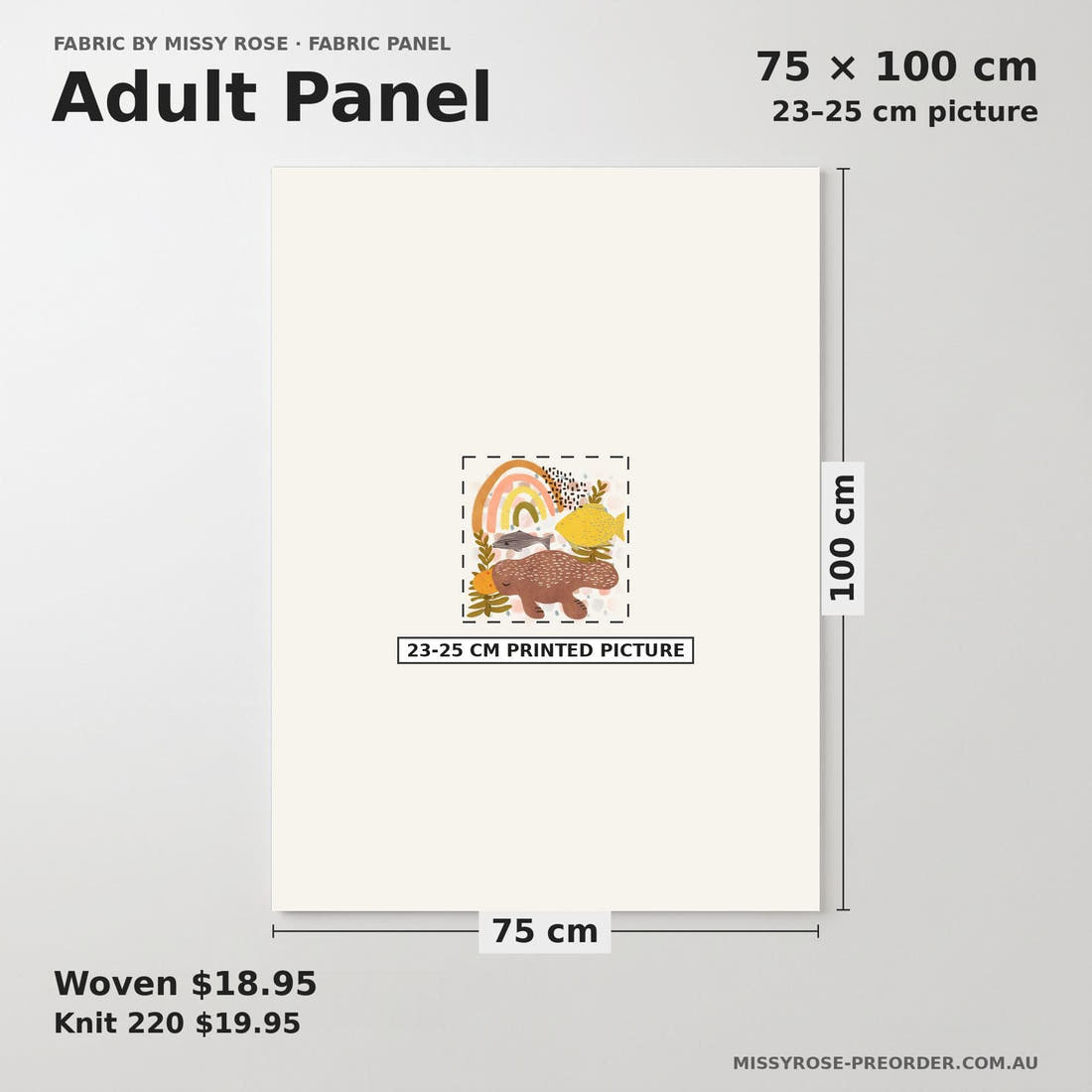Design 636 Boho Australian Panel adult panel sizing – 23–25 cm printed picture on 75 × 100 cm fabric | Fabric by Missy Rose