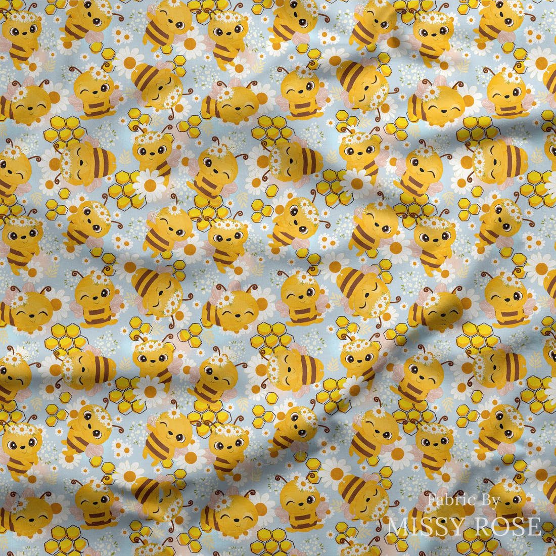 Design 637 Cute Honey Bee Fabric draped fabric mockup – custom printed fabric by the metre | Fabric by Missy Rose