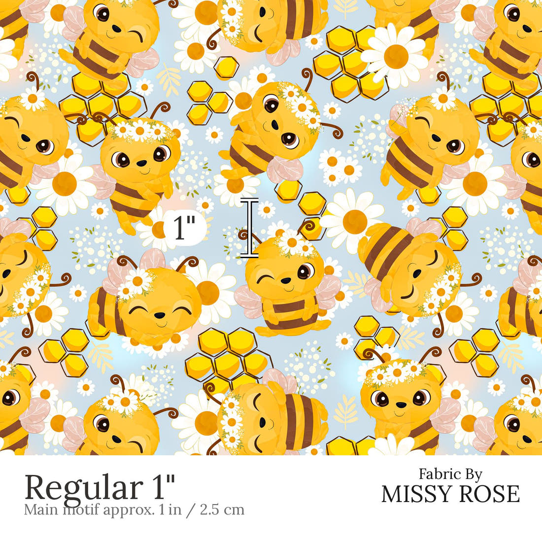 Design 637 Cute Honey Bee Fabric Regular 1 inch print scale guide | Fabric by Missy Rose