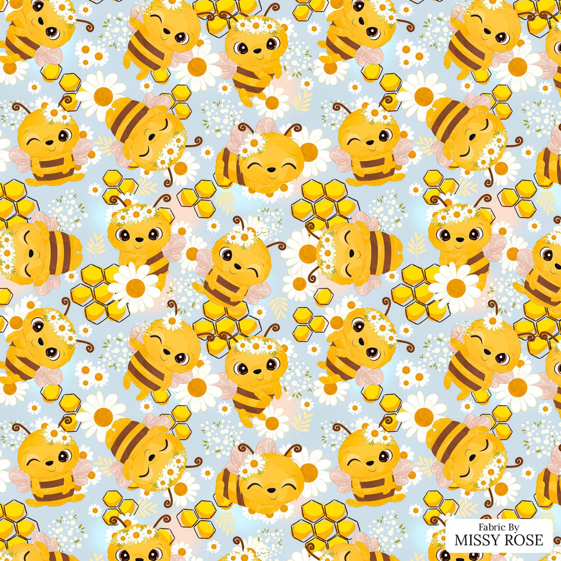 Design 637 Cute Honey Bee Fabric - flat view of the print, zoom in for detail | Fabric by Missy Rose