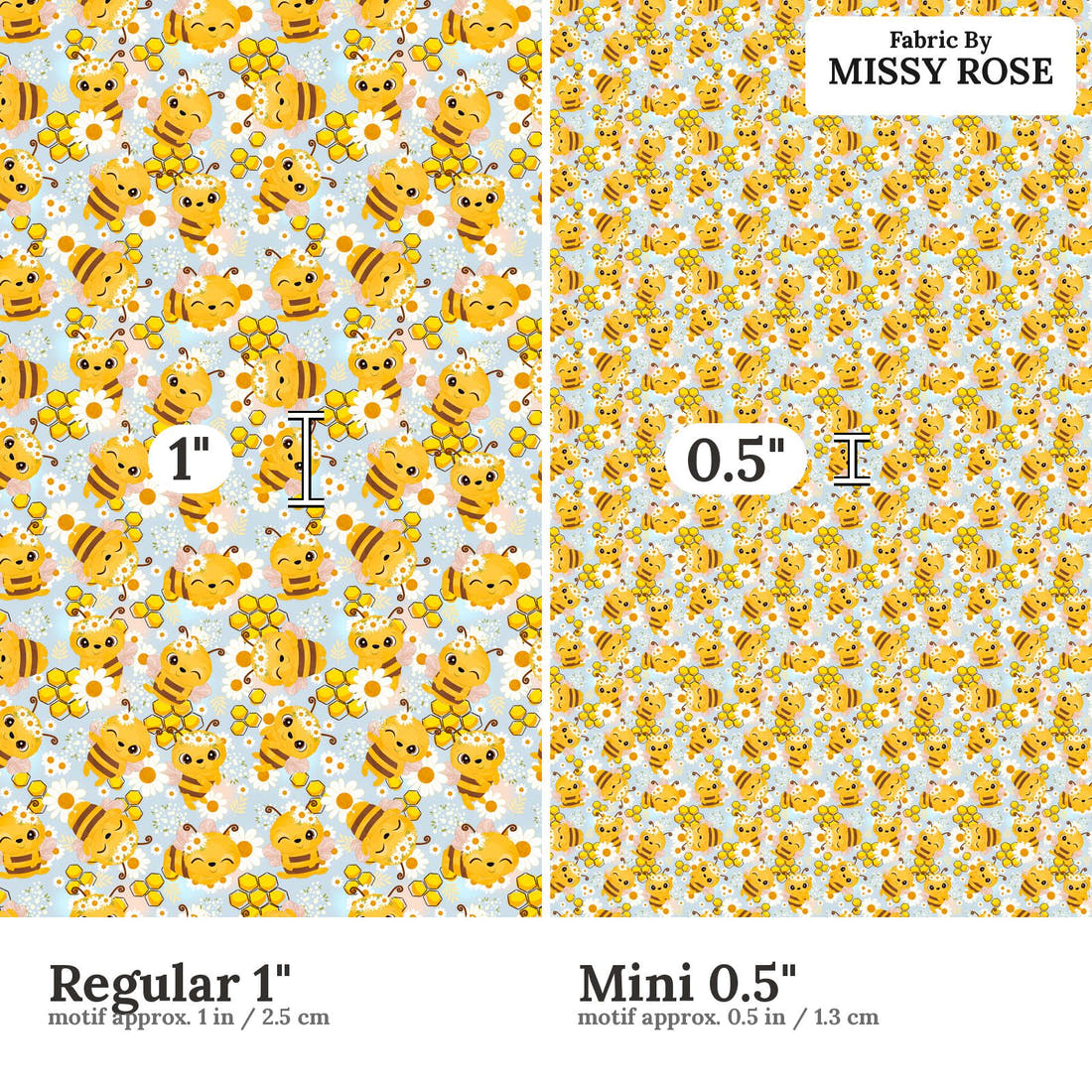 Design 637 Cute Honey Bee Fabric size comparison - print scale | Fabric by Missy Rose