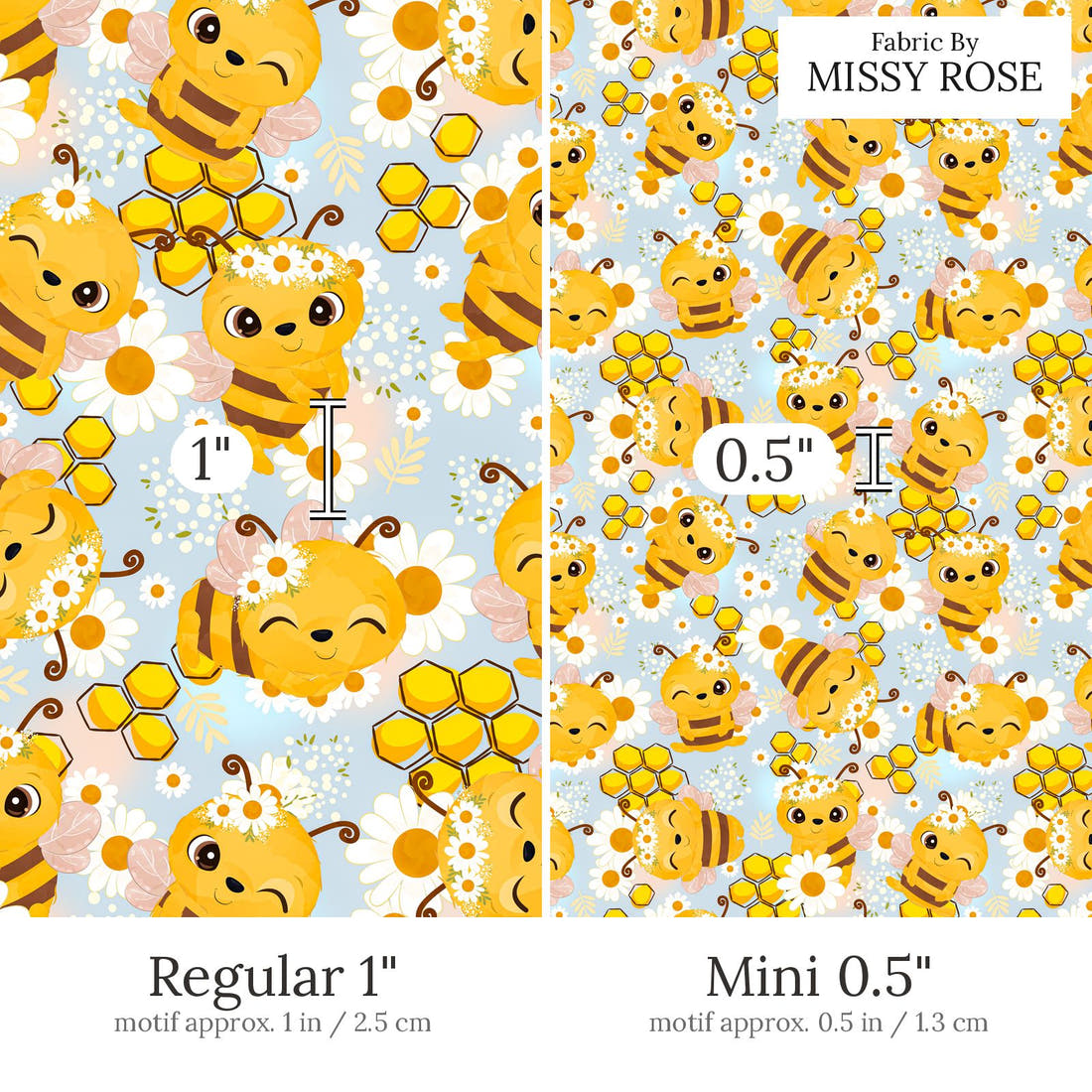 Design 637 Cute Honey Bee Fabric Regular 1 inch vs Mini 0.5 inch print scale side by side | Fabric by Missy Rose