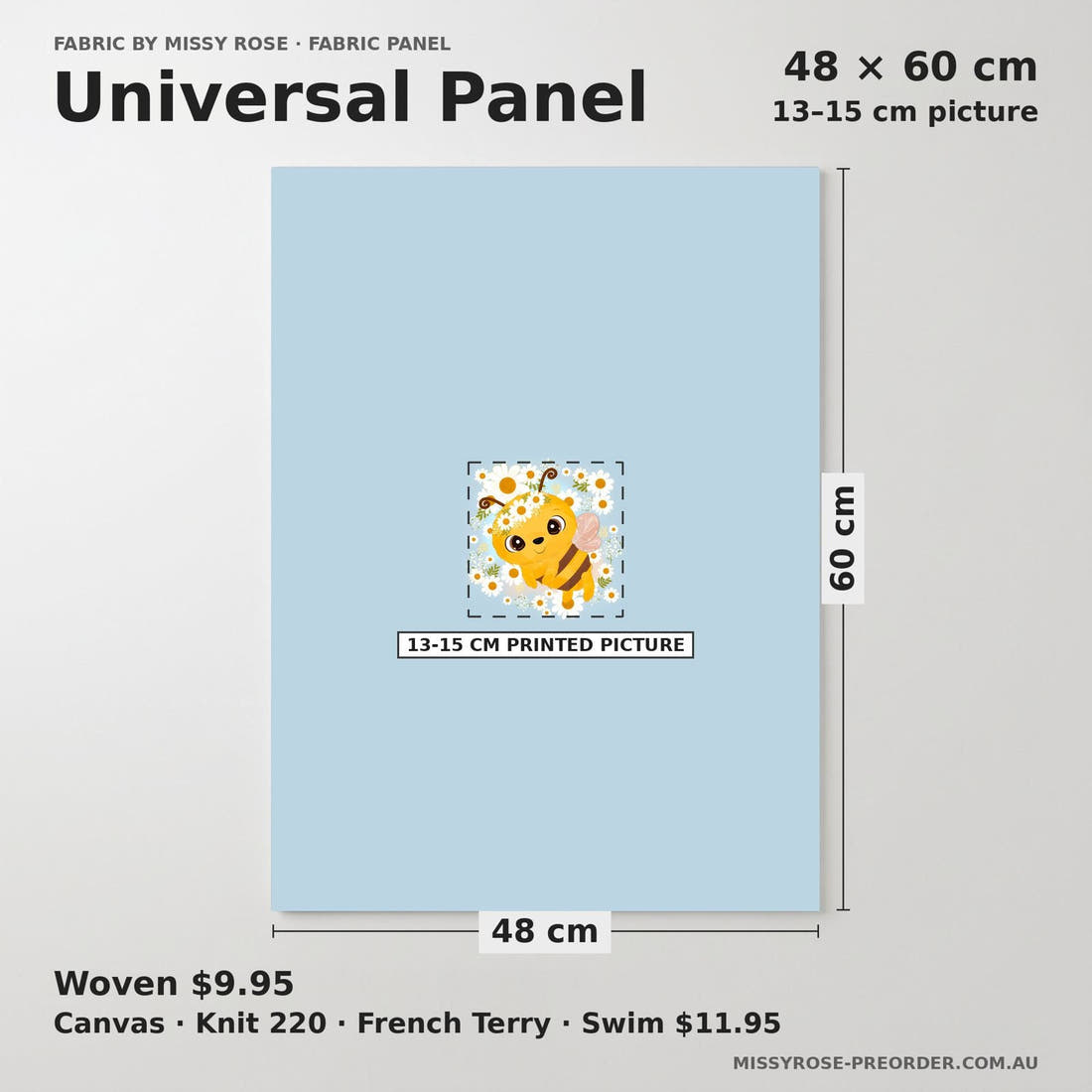 Design 637 Cute Honey Bee Panel universal panel sizing – 13–15 cm printed picture on 48 × 60 cm fabric | Fabric by Missy Rose