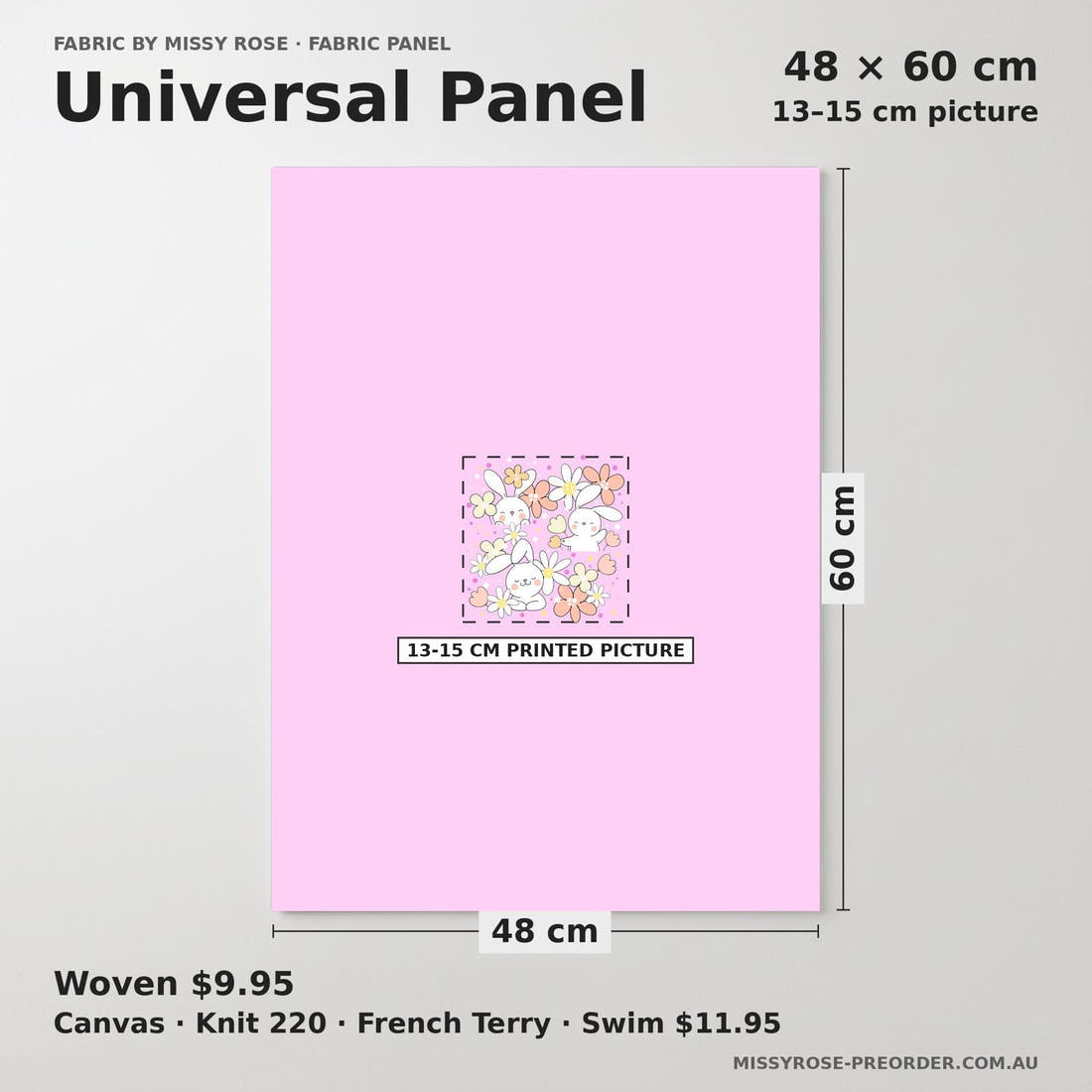 Design 638 Pink Bunny Panel universal panel sizing – 13–15 cm printed picture on 48 × 60 cm fabric | Fabric by Missy Rose