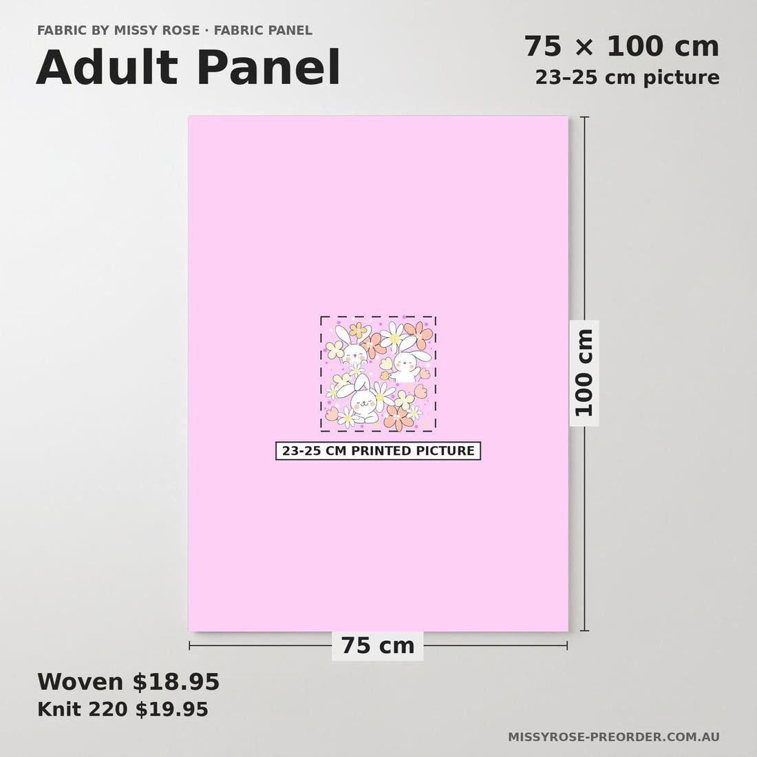 Design 638 Pink Bunny Panel adult panel sizing – 23–25 cm printed picture on 75 × 100 cm fabric | Fabric by Missy Rose
