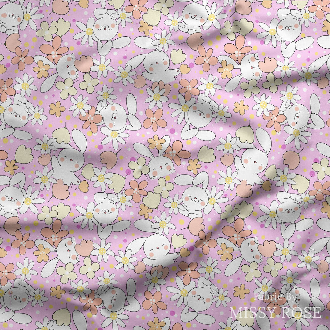 Design 638 Pink Bunny Fabric draped fabric mockup – custom printed fabric by the metre | Fabric by Missy Rose