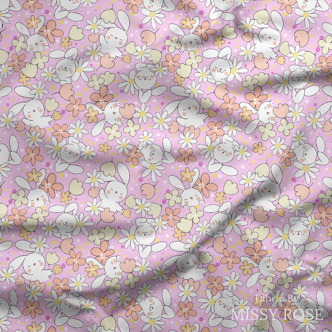 Design 638 Pink Bunny Fabric draped fabric mockup – custom printed fabric by the metre | Fabric by Missy Rose