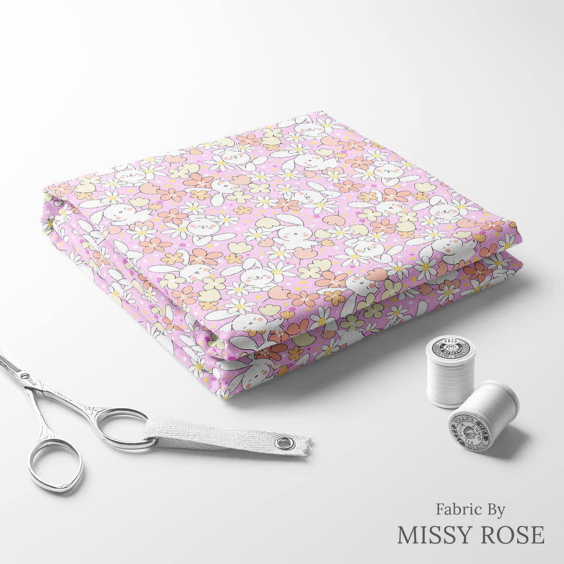 Design 638 Pink Bunny Fabric folded fabric stack with matching thread – pre-order fabric Australia | Fabric by Missy Rose