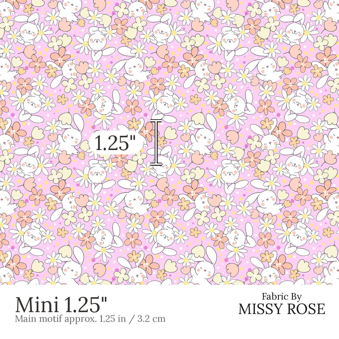 Design 638 Pink Bunny Fabric Mini 1.25 inch print scale guide | Fabric by Missy Rose